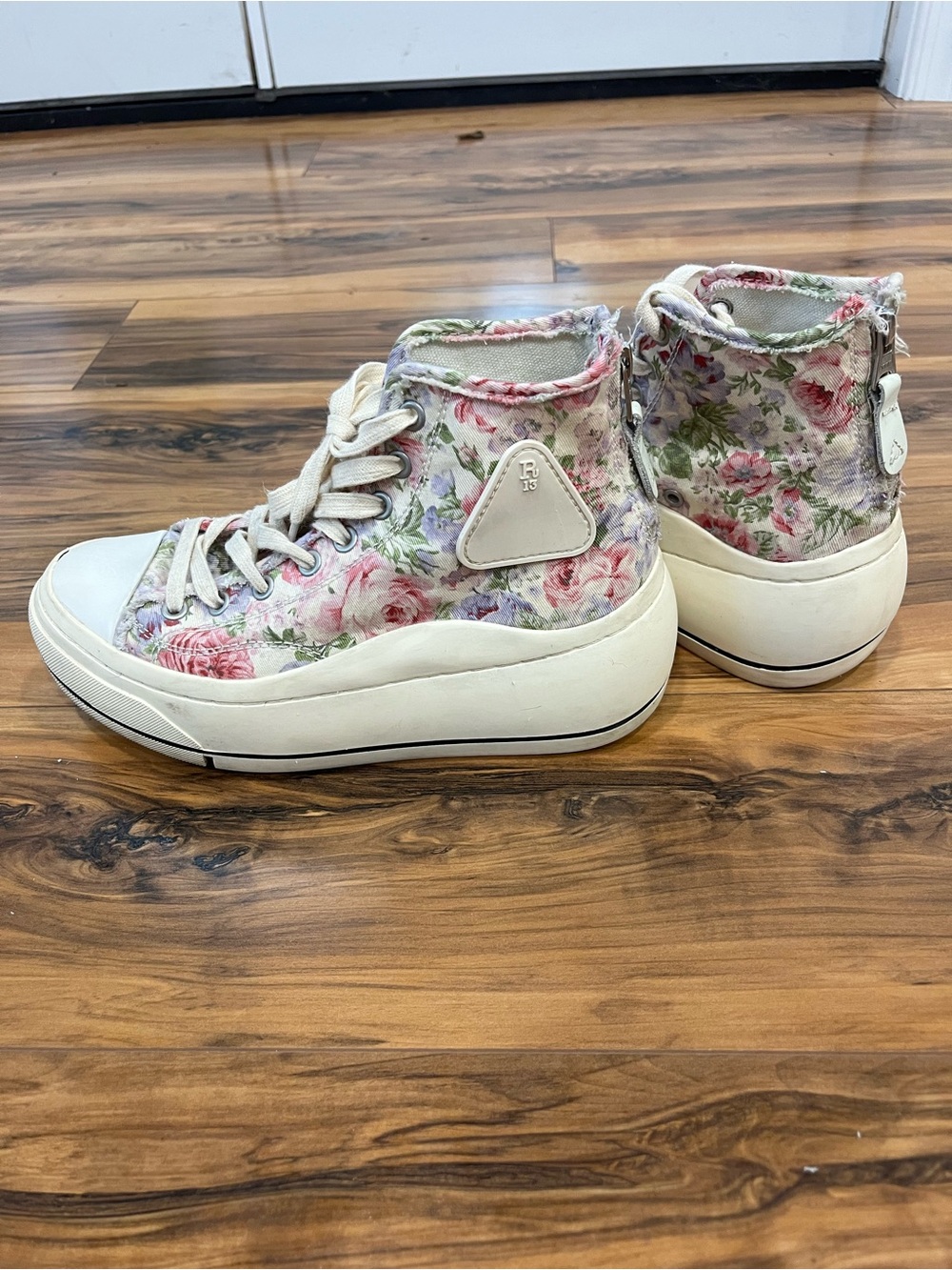 R13 Distressed High-Top Platform Sneakers - Cream Floral